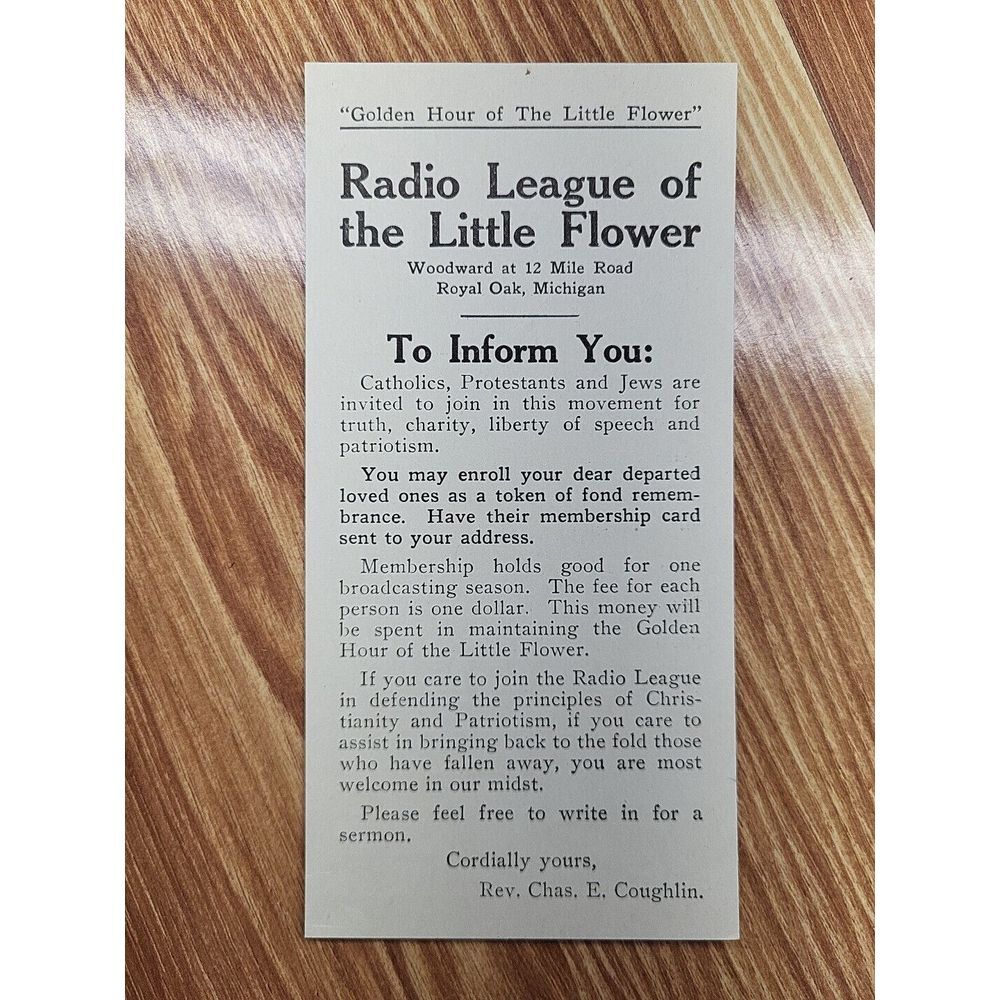Radio League of the Little Flower Application Card Rev Chas E Coughlin 1930s CBS